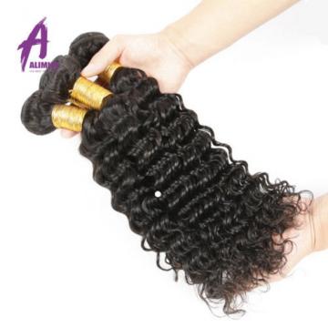 3 Bundles Deep Wave With 4*4 Lace Closure Brazilian Virgin Human Hair Bundles 8A