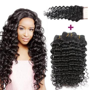 3 Bundles 100% Brazilian Virgin Human Hair Deep Curly Wave And Lace Closure 4*4
