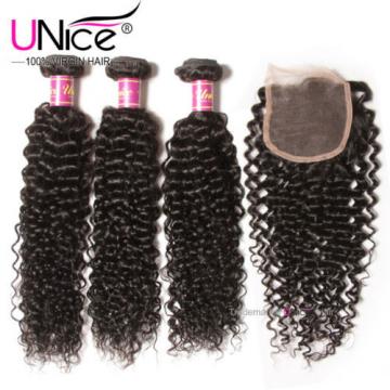 3 Bundles With 4*4 Lace Closure UNice 8A Virgin Peruvian Curly Human Hair Weft