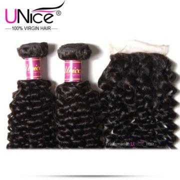3 Bundles With 4*4 Lace Closure UNice 8A Virgin Peruvian Curly Human Hair Weft