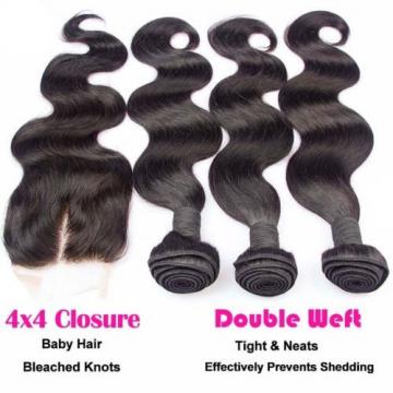 Peruvian Virgin Hair 7A Body Wave 14 16 18+12&#034; Virgin Hair Lace Closure 350g