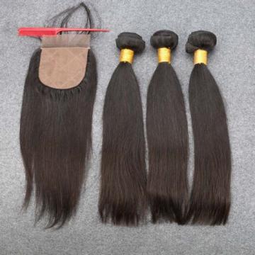 7A Peruvian Virgin Human Hair Straight 3 Bundles with 4*4 Silk Base Closure