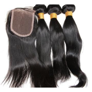 8/8/8&amp;8 Peruvian 1B Black Straight Virgin Hair Extension &amp;Lace Closure Hair Weft