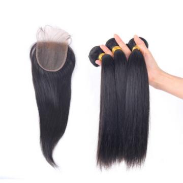 7A Peruvian Virgin Hair Free Part 4x4 Lace Closure with 3 Bundles Straight Hair