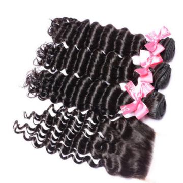 7A Peruvian Virgin Human Hair Deep Wave Curly 4*4 Lace Closure with 3 Bundles