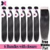 8A Brazilian Virgin Hair Straight 6 Bundles Human Hair Extensions With Closure