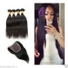 Straight Brazilian Virgin Hair  Remy Human Hair Weave with Closure 4 Bundles 7a #1 small image