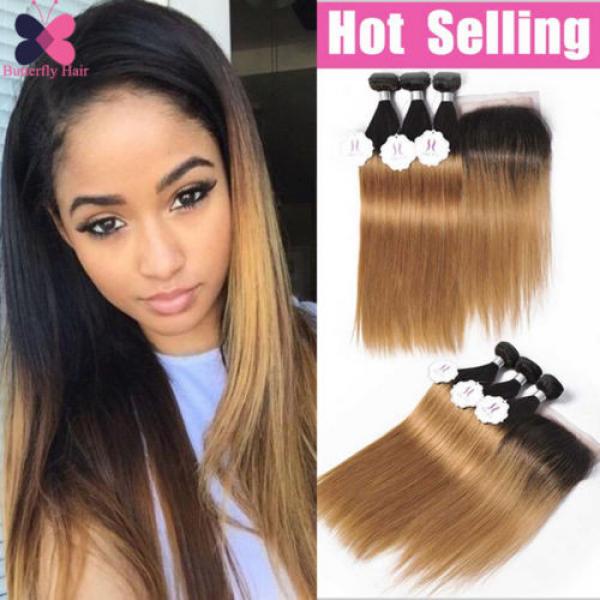 8A Ombre Human Hair 4 Bundles With Closure Straight Brazilian Virgin Remy Hair #1 image