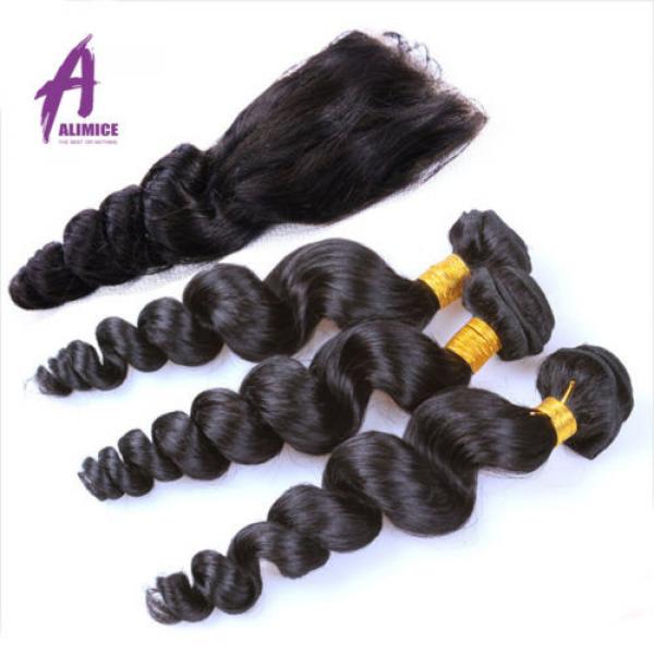 Loose Wave 3 Bundles with Closure Brazilian Virgin Hair Human Hair Extensions #3 image