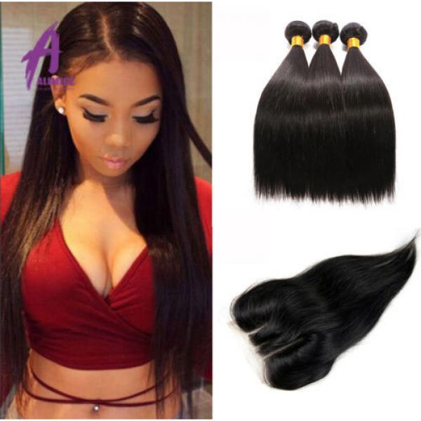 3Bundles Straight Hair With Lace Closure Brazilian Virgin Human Hair Weave TOP8A #1 image