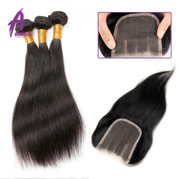 3Bundles Straight Hair With Lace Closure Brazilian Virgin Human Hair Weave TOP8A #2 image