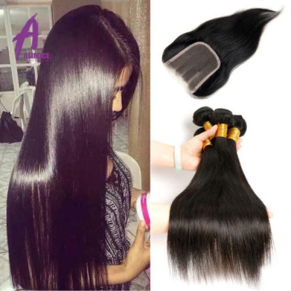 Straight Hair With Lace Closure Brazilian Virgin Human Hair 4Bundles Extension8A #1 image