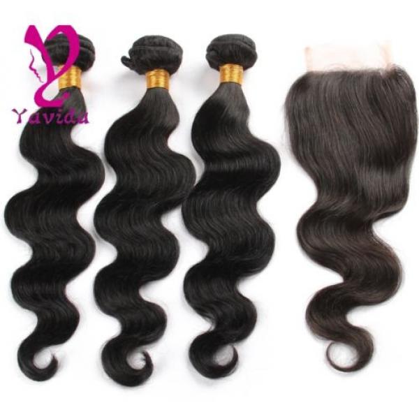 7A Brazilian Virgin Hair Body Wave 4*4 1PC Lace Closure with 3 Bundles Hair Weft #2 image