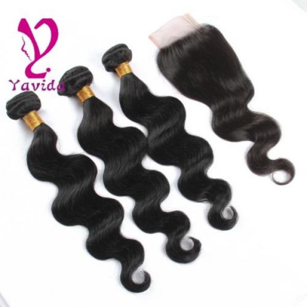 7A Brazilian Virgin Hair Body Wave 4*4 1PC Lace Closure with 3 Bundles Hair Weft #3 image