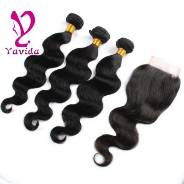 7A Brazilian Virgin Hair Body Wave 4*4 1PC Lace Closure with 3 Bundles Hair Weft #4 image