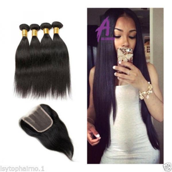Straight Brazilian Virgin Hair  Remy Human Hair Weave with Closure 4 Bundles 7a #1 image