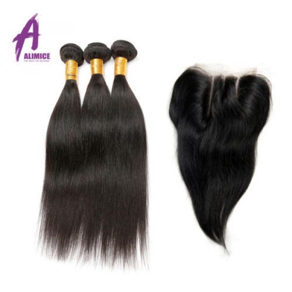 Straight Brazilian Virgin Hair  Remy Human Hair Weave with Closure 4 Bundles 7a #2 image