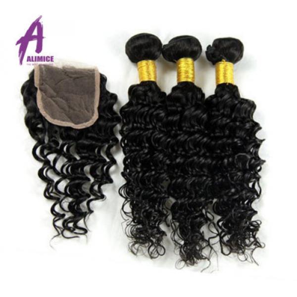 3 Bundles Deep Wave With 4*4 Lace Closure Brazilian Virgin Human Hair Bundles 8A #2 image