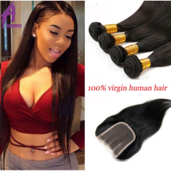 US Stock 4 Bundles Brazilian Virgin Straight Human Hair With 4*4 Lace Closure 8A #1 image