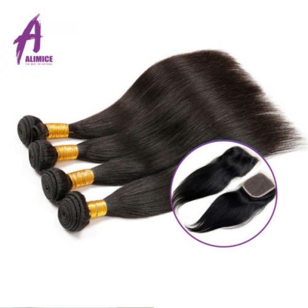 US Stock 4 Bundles Brazilian Virgin Straight Human Hair With 4*4 Lace Closure 8A #2 image