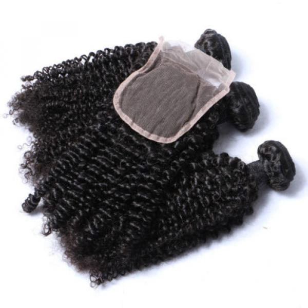 SALE Brazilian Human Virgin Hair Kinky Curly 4*4 Lace Closure with 3 Bundles 18&#034; #3 image
