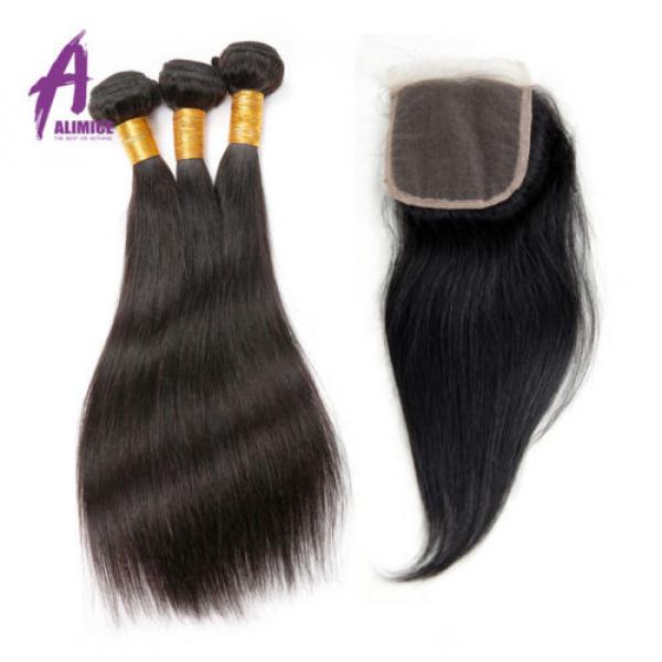 US Stock 4 Bundles Brazilian Virgin Straight Human Hair With 4*4 Lace Closure 8A #3 image