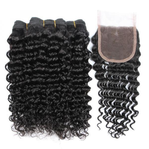 3 Bundles 100% Brazilian Virgin Human Hair Deep Curly Wave And Lace Closure 4*4 #2 image