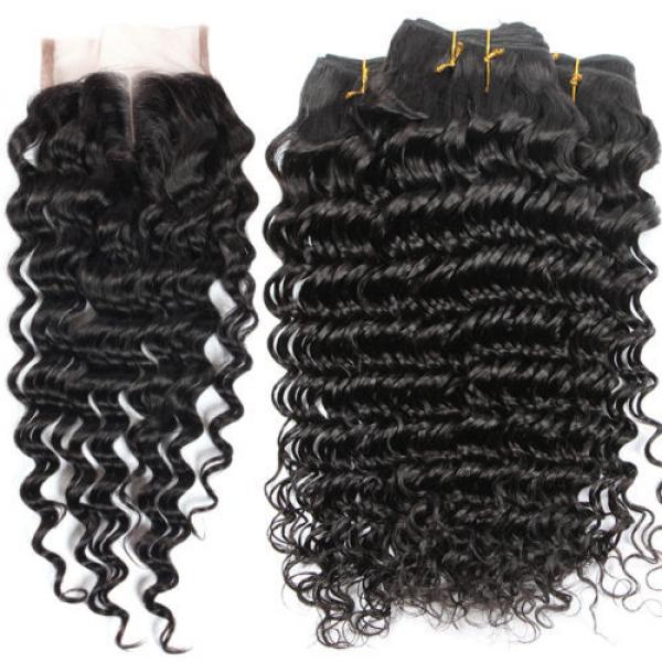 3 Bundles 100% Brazilian Virgin Human Hair Deep Curly Wave And Lace Closure 4*4 #3 image