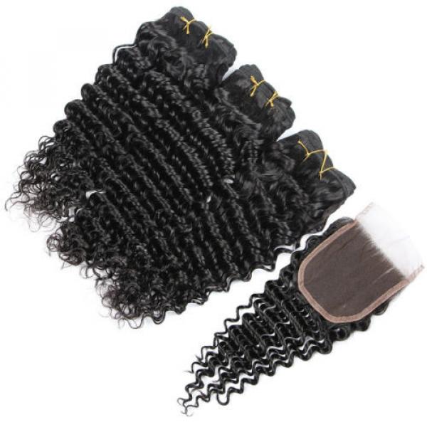 3 Bundles 100% Brazilian Virgin Human Hair Deep Curly Wave And Lace Closure 4*4 #4 image