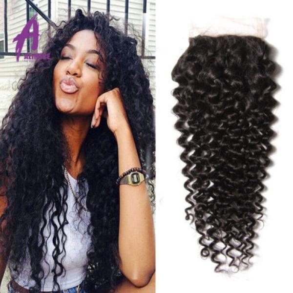 lace closure Brazilian Virgin Hair Curly Wave 4*4 Free Part/Middle/ Three Part #1 image