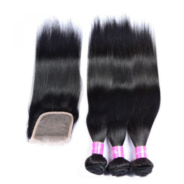 Brazilian Virgin Hair 3Bundles with Lace Closure Straight Human Hair Weft Weave #4 image