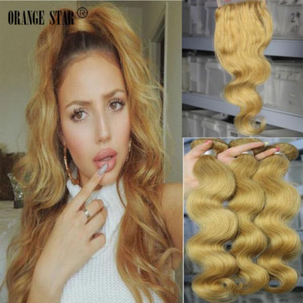 7A Brazilian Virgin Human Hair 3 Bundles With 27# Golden Blonde 4x4 Lace Closure #1 image
