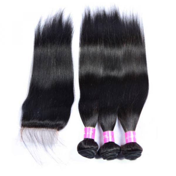 3 Bundles Straight Hair Weft with Lace Closure Virgin Peruvian Human Hair Weave #1 image