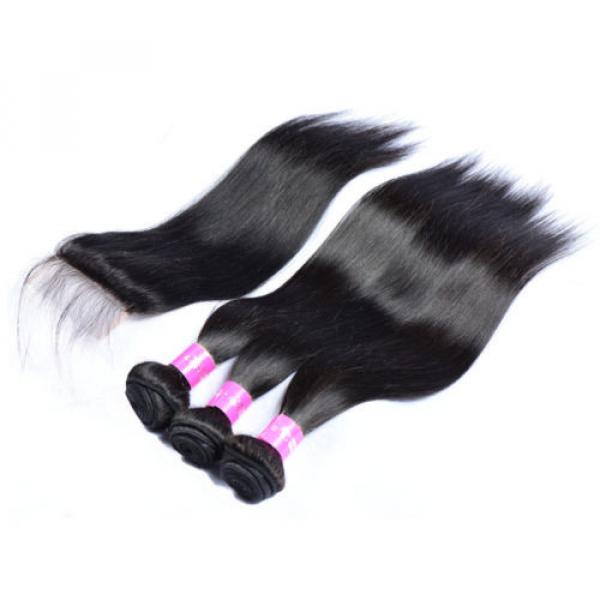3 Bundles Straight Hair Weft with Lace Closure Virgin Peruvian Human Hair Weave #3 image