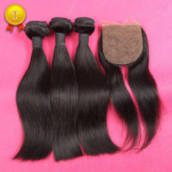 7A Silk Base Closure With Bundles Peruvian Virgin Hair Straight With Closure #1 image