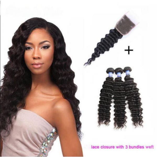 1 PC  8&#034; Peruvian Human Virgin Hair Deep Wave 3.5*4 Lace Closure with 3 Bundles #2 image