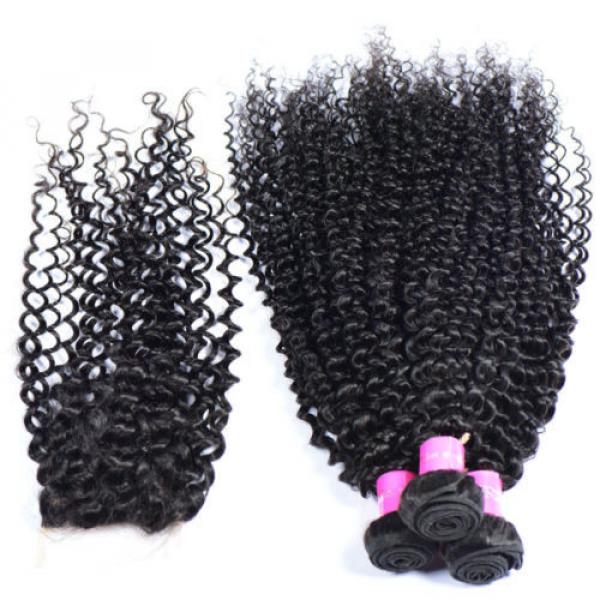 3 Bundles Curl Hair Weft with Lace Closure Virgin Peruvian Human Hair Weave #4 image