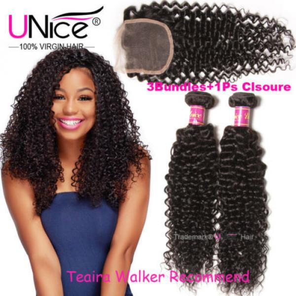 8A Peruvian Curly Virgin Hair 3 Bundles 14+16+18 WIth 14&#034; Lace Closure Hair Weft #1 image