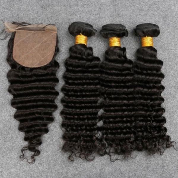 7A Peruvian Human Virgin Hair Deep Wave 3 Bundles with 4*4 Silk Base Closure #1 image