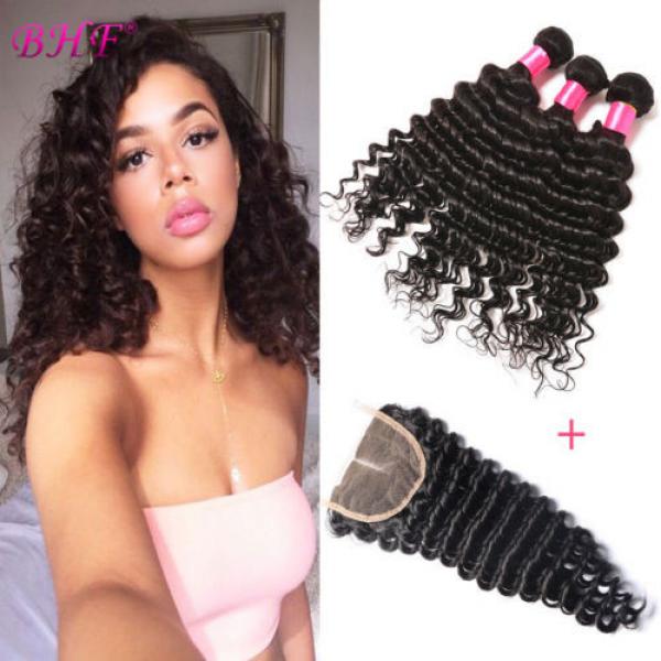3 Bundles Deep Wave Peruvian Remy Virgin Human Hair Extensions With Lace Closure #1 image
