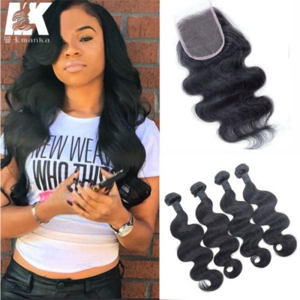 Virgin Peruvian Body Wave Hair 4 Bundles Hair Weft with Lace Closure by DHL ship #1 image