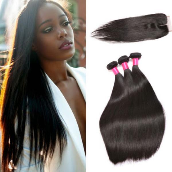 Peruvian Virgin Human Hair Extensions Straight 3 Bundles 300g With Lace Closure #1 image