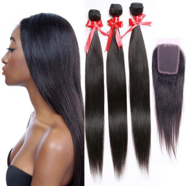 Peruvian Virgin Human Hair 3 THICKER Bundles &amp; 1PC Lace Closure 4x4inch #1 image