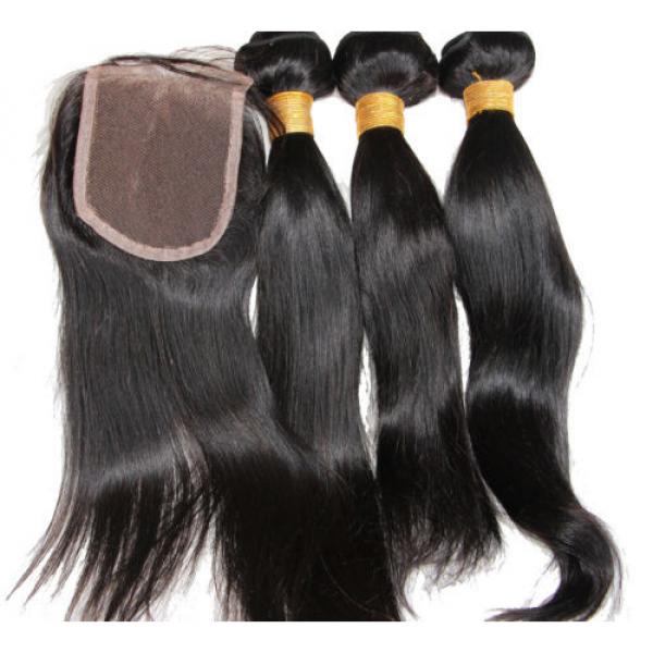 8/8/8&amp;8 Peruvian 1B Black Straight Virgin Hair Extension &amp;Lace Closure Hair Weft #1 image