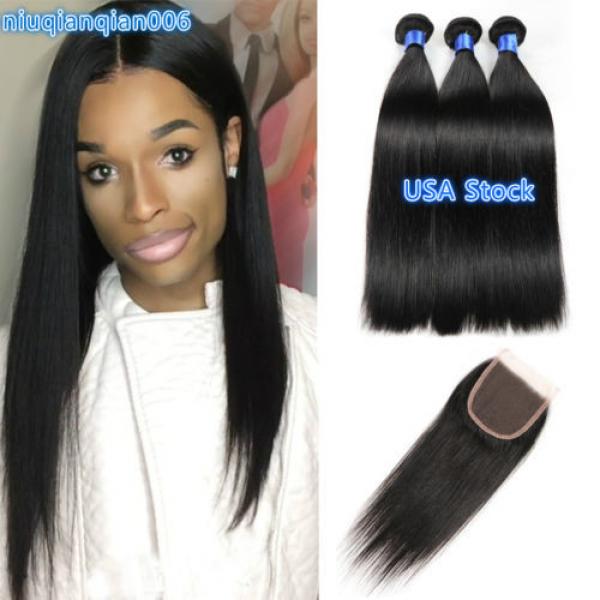 3 Bundles Straight Hair Weft with Lace Closure Virgin Peruvian Human Hair Weave #1 image
