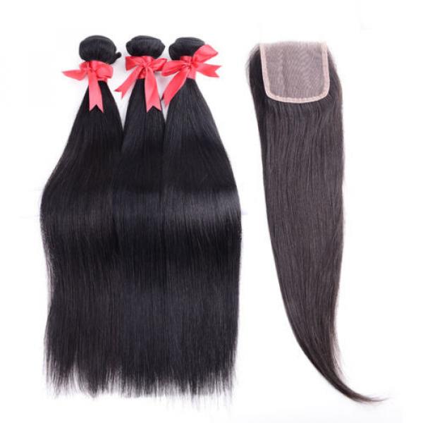 3 Bundles Straight Hair Weft with Lace Closure Virgin Peruvian Human Hair Weave #2 image