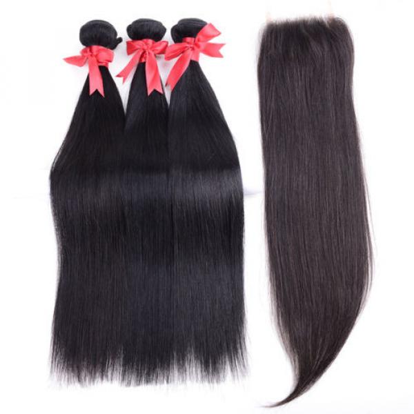3 Bundles Straight Hair Weft with Lace Closure Virgin Peruvian Human Hair Weave #3 image