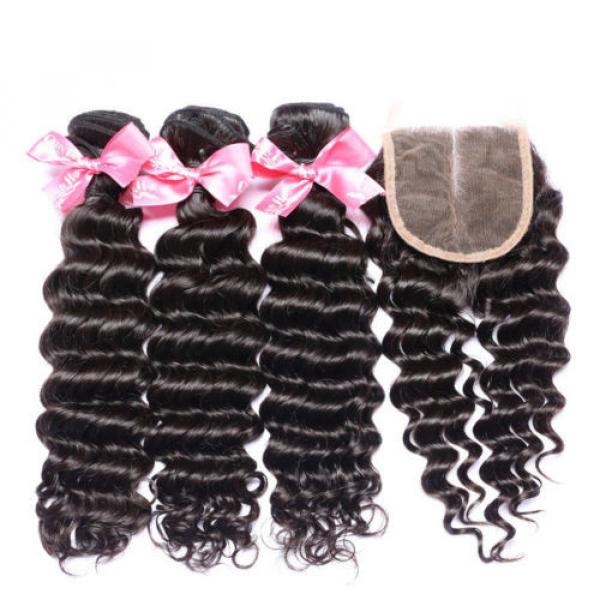 7A Peruvian Virgin Human Hair Deep Wave Curly 4*4 Lace Closure with 3 Bundles #1 image